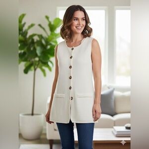 H&M Sleeveless V-Neck Cardigan Sweater Vest with Faux Pockets, Cream Size S